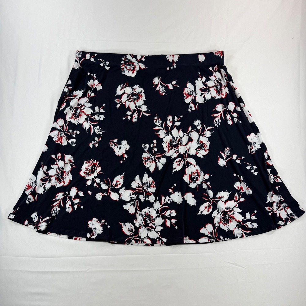 Chicos Navy Blue Floral A-Line Skirt Women Size 3 Large XL Stretchy Pull On 23in